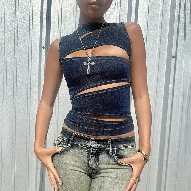 🍒Round neck sleeveless vest solid color crop cut out denim top summer wear for womens trendy fashion