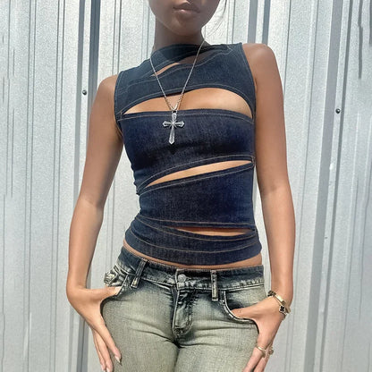 🍒Round neck sleeveless vest solid color crop cut out denim top summer wear for womens trendy fashion