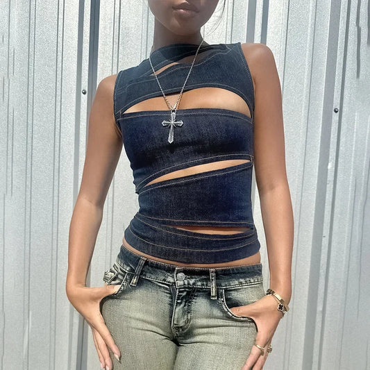 🍒Round neck sleeveless vest solid color crop cut out denim top summer wear for womens trendy fashion