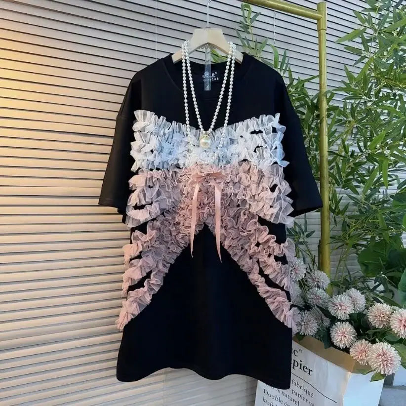 🍒Mesh lace ruffle tee shirt women 3d bow loose summer wear tops for girls mid length ruched chiffon t-shirt short sleeve  Perfect Partying Pink