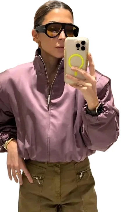 🍒Long sleeve bomber jacket women zipper with stand collar outerwear short casual coat solid chic female sateen clothing fashion   Get Into Mauve