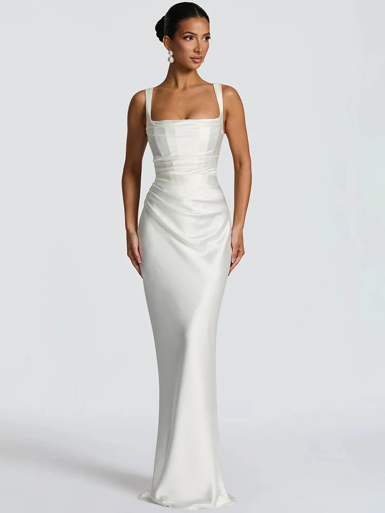 🍒Satin backless sleeveless long dress satin maxi outfits for women spaghetti straps lace-up back bodycon club wear party occasion clothing  Kool kiwi