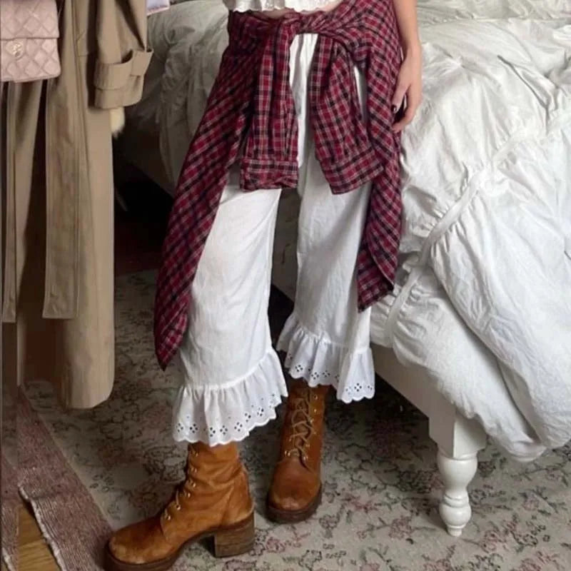 🍒Cottage fairy wide leg pants Y2k aesthetic 00s retro high waist  calf-length trousers Vintage lounge loose fit ruffle hem trousers feminine female fashion wear for women Get Cosy In A  Fairy cottage