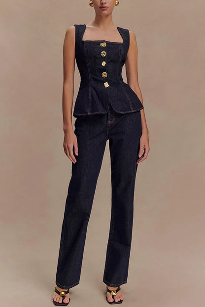 🍒Two piece sets for women piece Sets mom Jeans sleeveless denim tops and jean set long pants high waist Y2k style fashion elegant work clothing all match Get This Single Breast Double Denim And You Will Be Triple Excited