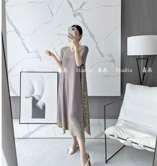 🍒Long dresses spring and autumn clothes plus size outfit a-line smart casual women pleated ring printed party wear A- Swirl Of a Dress