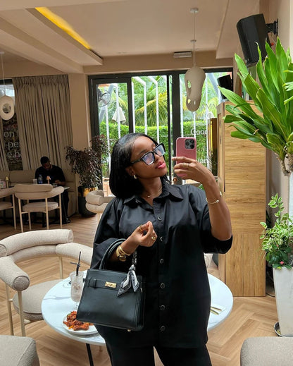 🍒Black two piece set outfit summer women half sleeve button down shirt and wide leg pants suit summer office wear party occasion wear AND drink RUM in this BLACK
