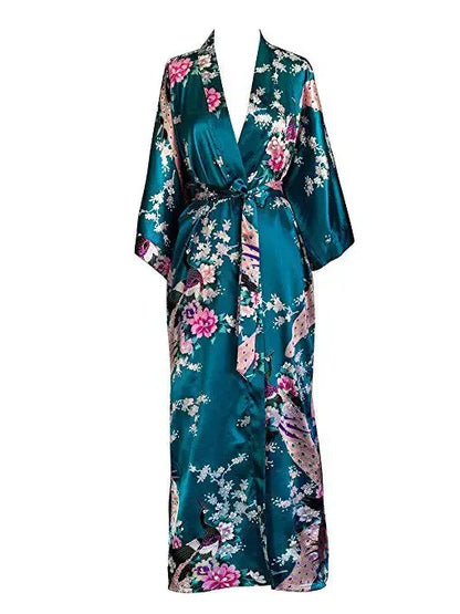 🍒Satin robe women plus size  with flowers peacock print kimono lounge gowns for women bride bridesmaid wedding bathrobe silky nighrwear Sittin' Satin Style