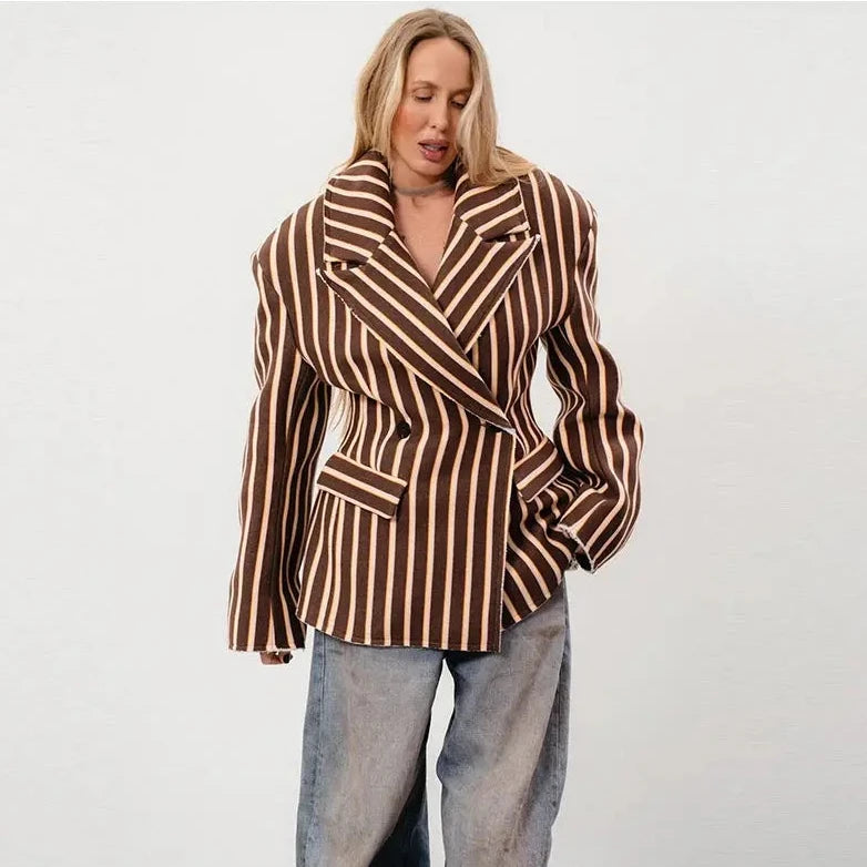 🍒Striped print blazer women's full Sleeve jacket with notched lapel collar double breasted spring coat fashion wear office clothing   Look Chocolate In Orange