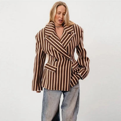 🍒Striped print blazer women's full Sleeve jacket with notched lapel collar double breasted spring coat fashion wear office clothing   Look Chocolate In Orange