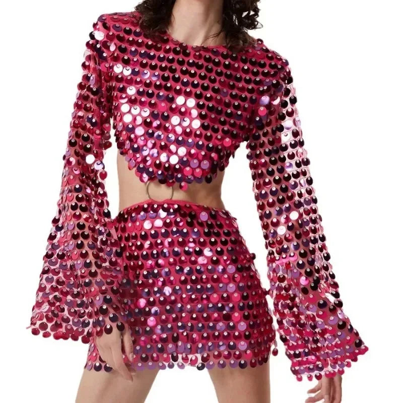 🍒Spring summer outfits women sequins mini dress flare sleeves o-neck fashion club wear party occasion wear irregular clothing DISCO-ver Sequin Style