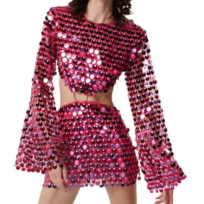 🍒Spring summer outfits women sequins mini dress flare sleeves o-neck fashion club wear party occasion wear irregular clothing DISCO-ver Sequin Style