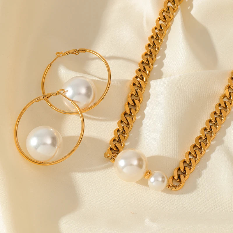 🍒Stainless steel large hoop earrings with pearl for women fashion exaggerated holiday Jewellery occasion earrings gift Bijoux Girly Pearl