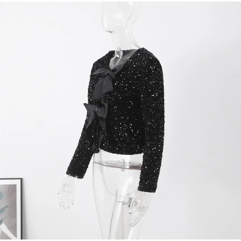 🍒Bow tie sequin dress for women long sleeve shiny mini dress female chic backless evening party dress with back bow crop sequin jacket long sleeve with satin bow front  occasion party wear