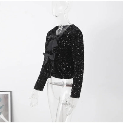 🍒Bow tie sequin dress for women long sleeve shiny mini dress female chic backless evening party dress with back bow crop sequin jacket long sleeve with satin bow front  occasion party wear