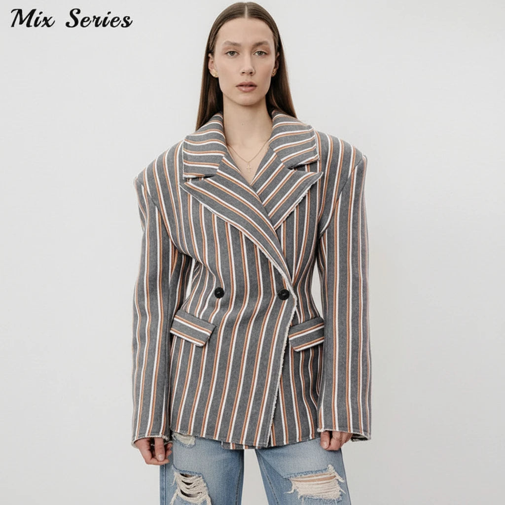 🍒Striped print blazer women's full Sleeve jacket with notched lapel collar double breasted spring coat fashion wear office clothing   Look Chocolate In Orange