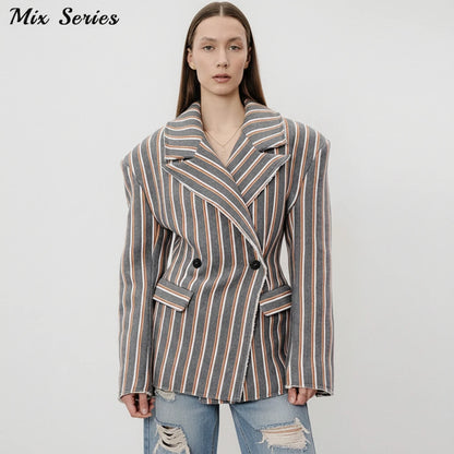 🍒Striped print blazer women's full Sleeve jacket with notched lapel collar double breasted spring coat fashion wear office clothing   Look Chocolate In Orange