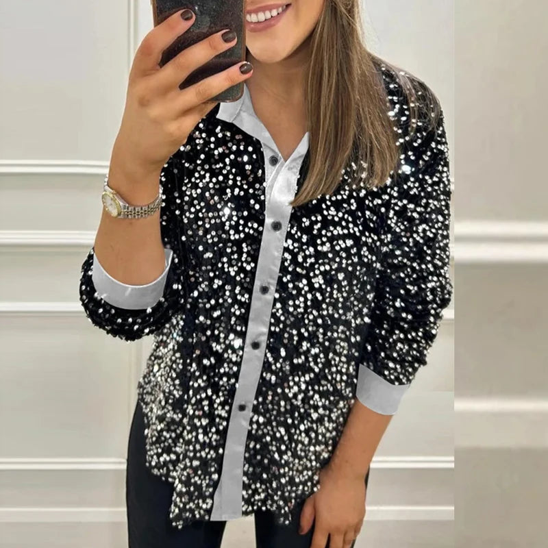 🍒Sparkly sequin blouse womens party shirt single breasted lapel long sleeve occasion wear top Glissy Gold