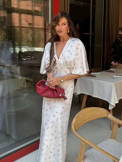 🍒Summer printed v-neck dress  with flower print womens fashion slim fit waist short butterfly sleeve long summer outfit with short sleeves high waist office wear cute comfy casu classy