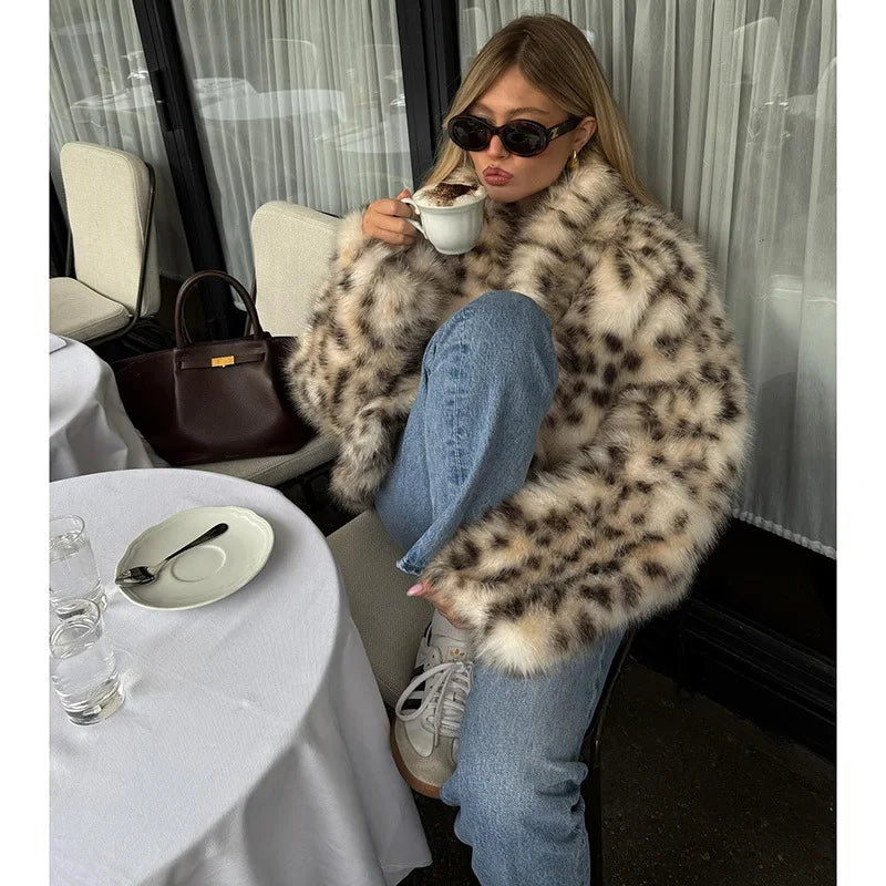 🍒Faux fur coat smart casual outerwear women lapel Collar leopard print jacket with long sleeves Y2k thick warm autumn winter fashion Get SPOTTED In A Showy Snowy