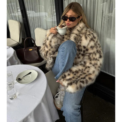 🍒Faux fur coat smart casual outerwear women lapel Collar leopard print jacket with long sleeves Y2k thick warm autumn winter fashion Get SPOTTED In A Showy Snowy