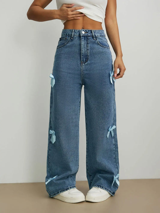 🍒Womens wide leg jeans pants pink bows washed high waist denims distressed vintage Straight Ankle Length Trousers casual jeans wear You Will Be Blue If You Miss these sweet Denim Pinks