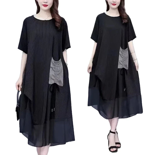 🍒Loose large size dress black summer femme elegant mixed media fashion oversized outfit smart casual clothing women Pocket This