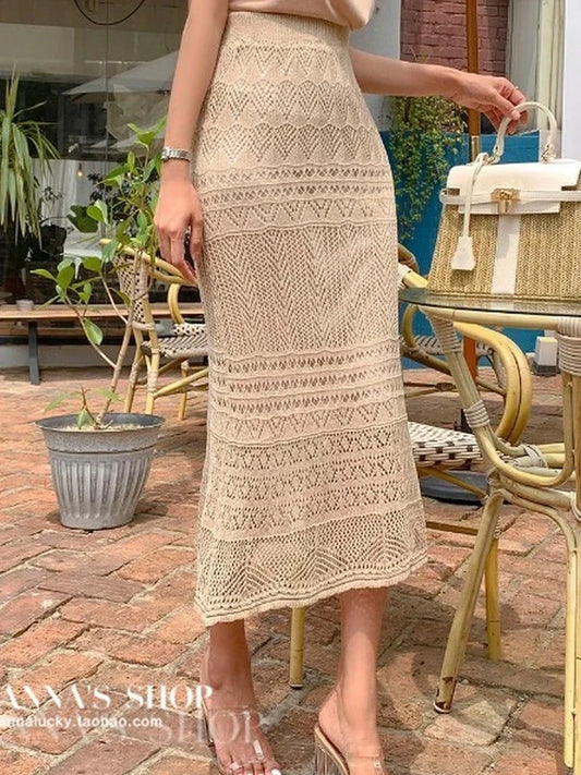 🍒knitted summer skirt midi high waist womens Long Skirt Vintage outfit  lace fashion a-line Y2k Lace Nice Neat knit