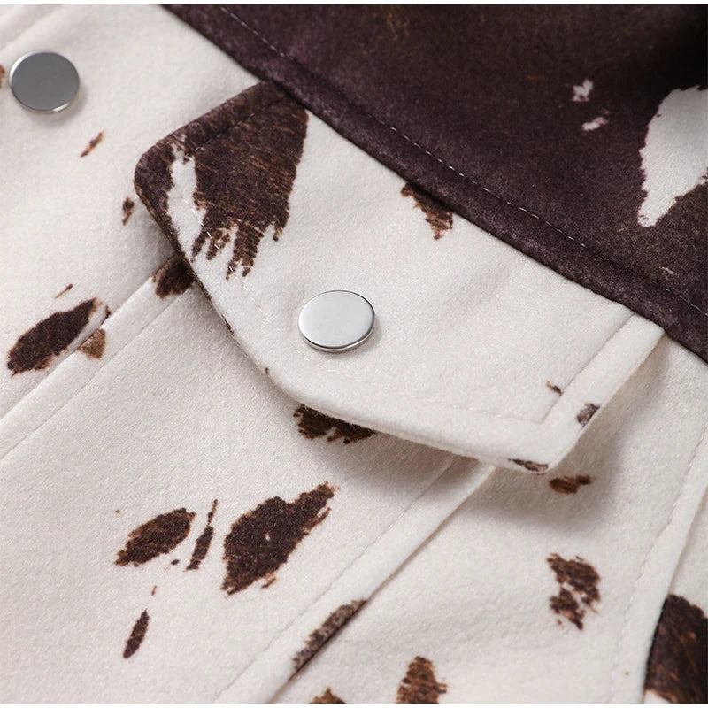 🍒Women's cow print Jacket with lapel collar short zipper coat for smart casual female outerwear  Warm    Milk (it) A Cow