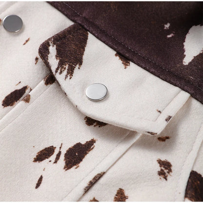 🍒Women's cow print Jacket with lapel collar short zipper coat for smart casual female outerwear  Warm    Milk (it) A Cow