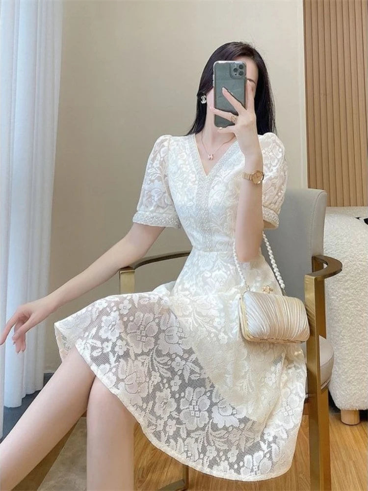 🍒Dress special occasion outfits women midi frock in white colour lace one-piece elegant chic  summer fashion plus size clothing