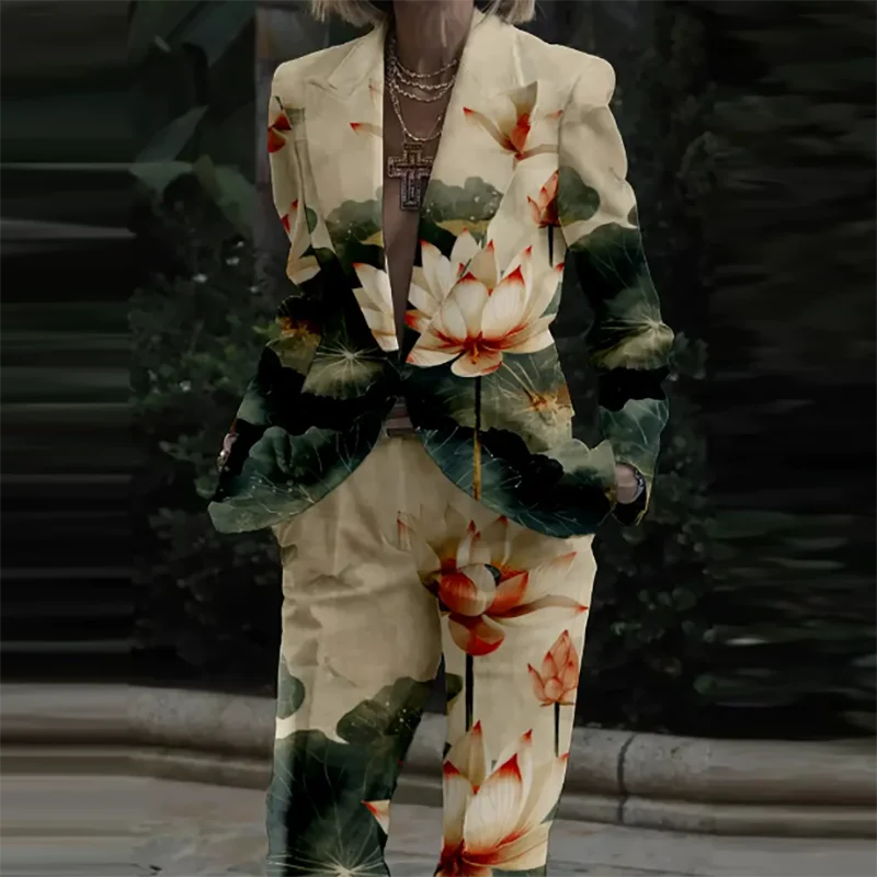🍒Womens casual suits two piece loose pants set womens lapel long sleeve jacket and trouser set floral fashion pattern print outfit  Look Like Your On A Shoot In A Fruity Suit