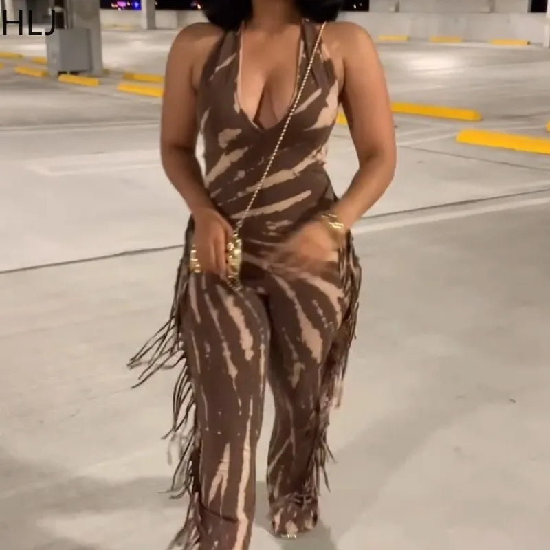 🍒 Bodycon Jumpsuit with tassels womens halter outfit backless skinny long rompers for women Female clubwear party wear fashion Treat Yourself To A Chocolate Swirl