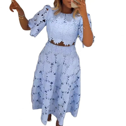 🍒Women's 2 Piece skirt set lace flower top and matching skirt smart casual outfits for women short sleeve round neck top and high waisted maxi skirt summer vacation clothing Get Laced In Colour