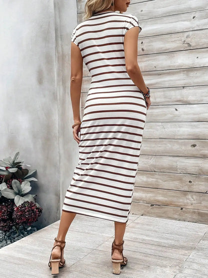 🍒Round neck striped dress long outfits for women summer fashion wear clothing high-end smart casual tie waist  outfit Play Smart And Look Smart In Smart Casual Stripes Sign This Line