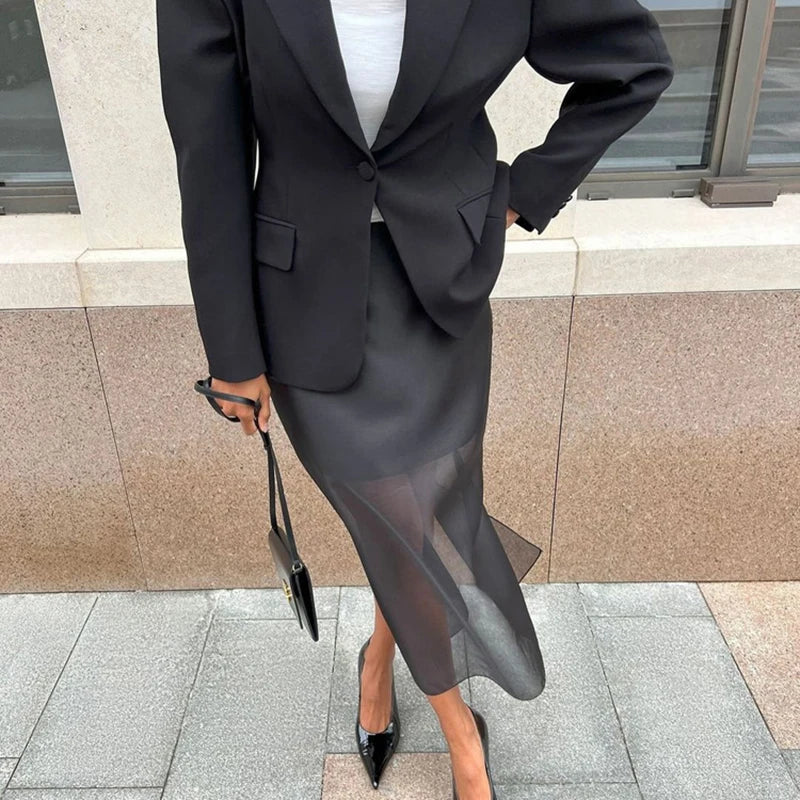 🍒Black mesh skirt long double-layer design perspective transparent maxi skirt high Waist slit hip loose female summer fashion party occasion wear Step In See Through