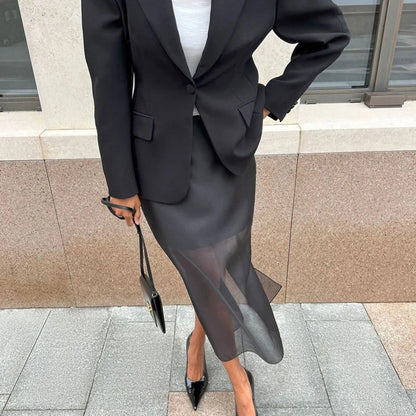 🍒Black mesh skirt long double-layer design perspective transparent maxi skirt high Waist slit hip loose female summer fashion party occasion wear Step In See Through