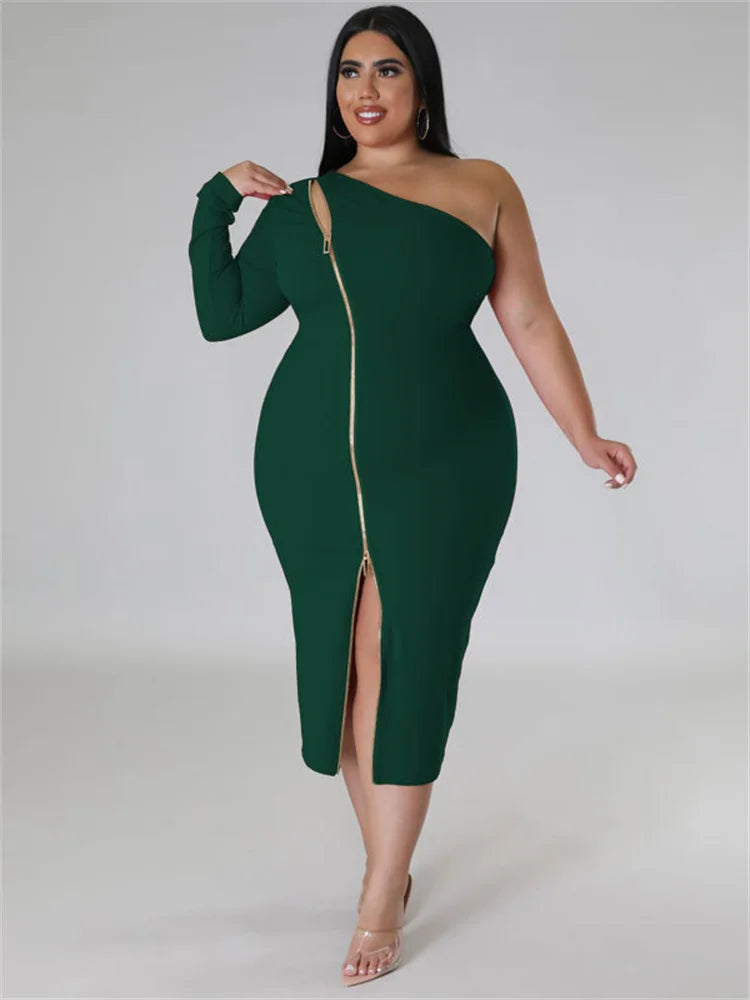 🍒midi dress for women plus size clothes single sleeve black zipper outfit elegant solid midi dresses Summer party clothes occasion wear Get Fitted With A Zip