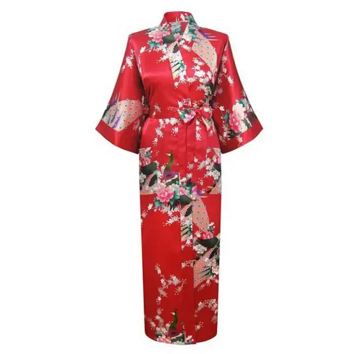 🍒Satin robe women plus size  with flowers peacock print kimono lounge gowns for women bride bridesmaid wedding bathrobe silky nighrwear Sittin' Satin Style