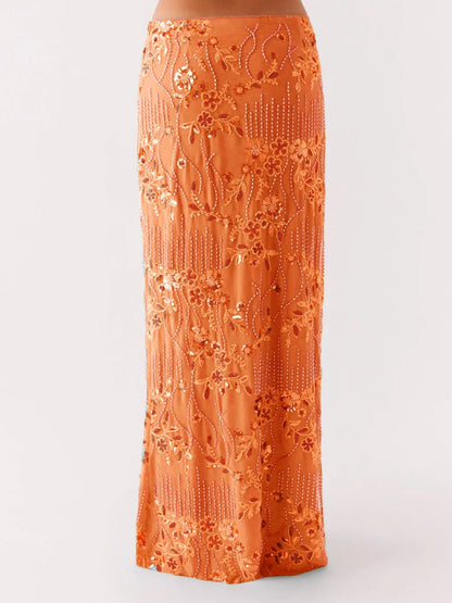 🍒Sequin maxi skirt high waist sparkle pearl embellished long  skirt for women glitter rhinestone fashion going out club clothes You Dont Need To Be At A Seaside ROCK This SWEET