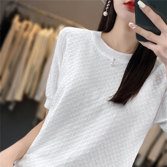🍒Womens textured t-shirt summer cotton tops short sleeve solid colour tee round neck loose blouse casual clothing