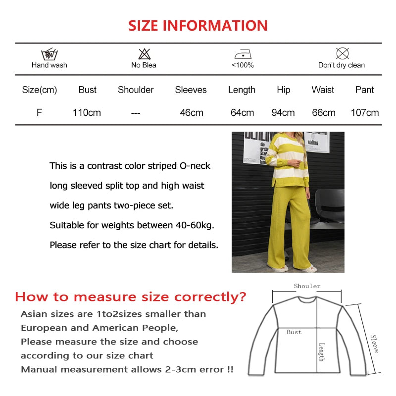 🍒Summer two-piece sets women’s contrast Colour striped top o-neck long sleeve plus casual high waist wide leg pants Suit Yourself With Stripes