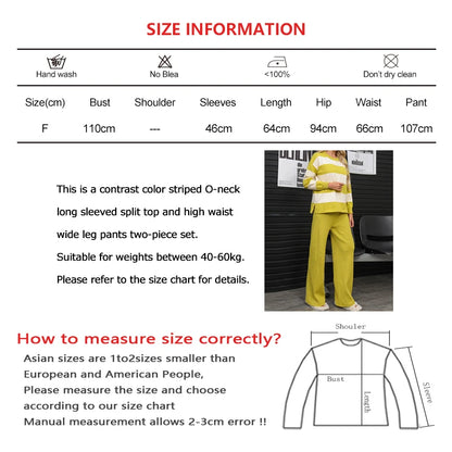 🍒Summer two-piece sets women’s contrast Colour striped top o-neck long sleeve plus casual high waist wide leg pants Suit Yourself With Stripes