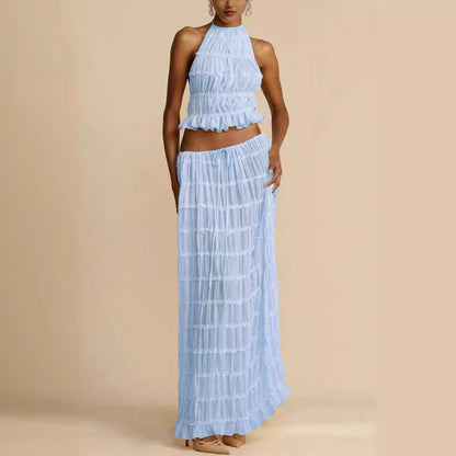 🍒Casual outfit long skirt maxi and sleeveless backless tops for women high waisted long straight skirt beach chic suit  Lovely Ruchie Rufflie