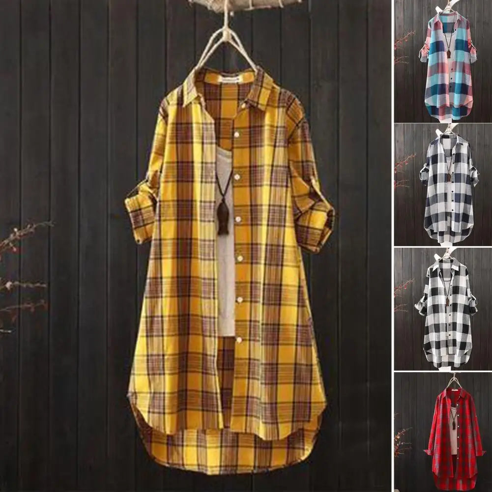 🍒Lapel shirt dress stylish plaid shirt coat women lapel long sleeve cardigan autumn outfits casual work shirts for ladies