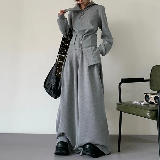 🍒 Solid two piece set smart casual clothing for women cool chic high neck jacket long sleeve zipper top and high waist wide leg pants set female fashion wears Fun Fashion flares