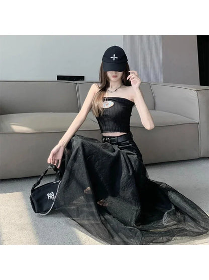 🍒Womens black skirt long smart casual wear vintage a-line skirt Y2k fashion streetwear party occashion clothes Wear Mixed Media A-ffair