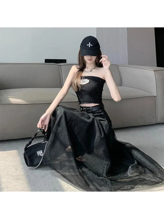 🍒Womens black skirt long smart casual wear vintage a-line skirt Y2k fashion streetwear party occashion clothes Wear Mixed Media A-ffair