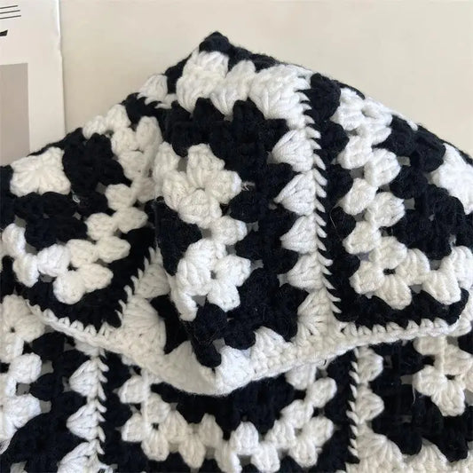 🍒Stylish balaclava hat for adults autumn winter knitted Hats for women handmade unique neck gaiter neck warmer retro knitwear fashion warm ear protection black and white grid hood KNIT this PEARL Into Your Hat Wardrobe