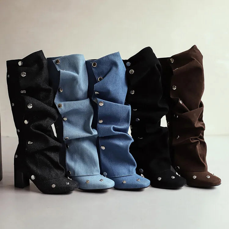 🍒Denim boots for Women blue multi snap-fastener pleated shoes with zip wide calf length boots winter footwear Cute Cowboy
