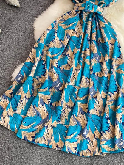 🍒 Printed midi dress high waist sleeveless a-line outfits elegant stand collar ruffle smart casual summer feminine fashion style Dont LEAF-e This In Your Basket Get This And You Will Be SKY High With Happiness